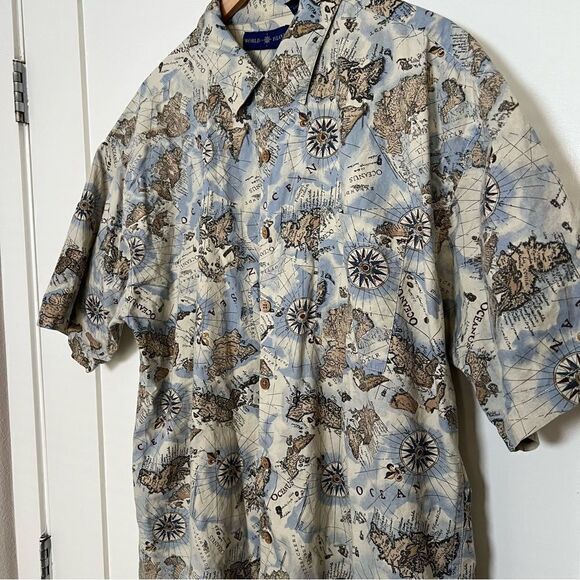 World Island Shirt Mens XL Blue Hawaiian Aloha Chart of Oceanus Design Cotton - Picture 4 of 13